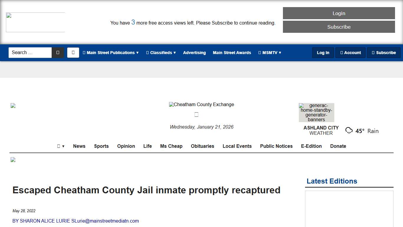 Escaped Cheatham County Jail inmate promptly recaptured - Main Street Media of Tennessee