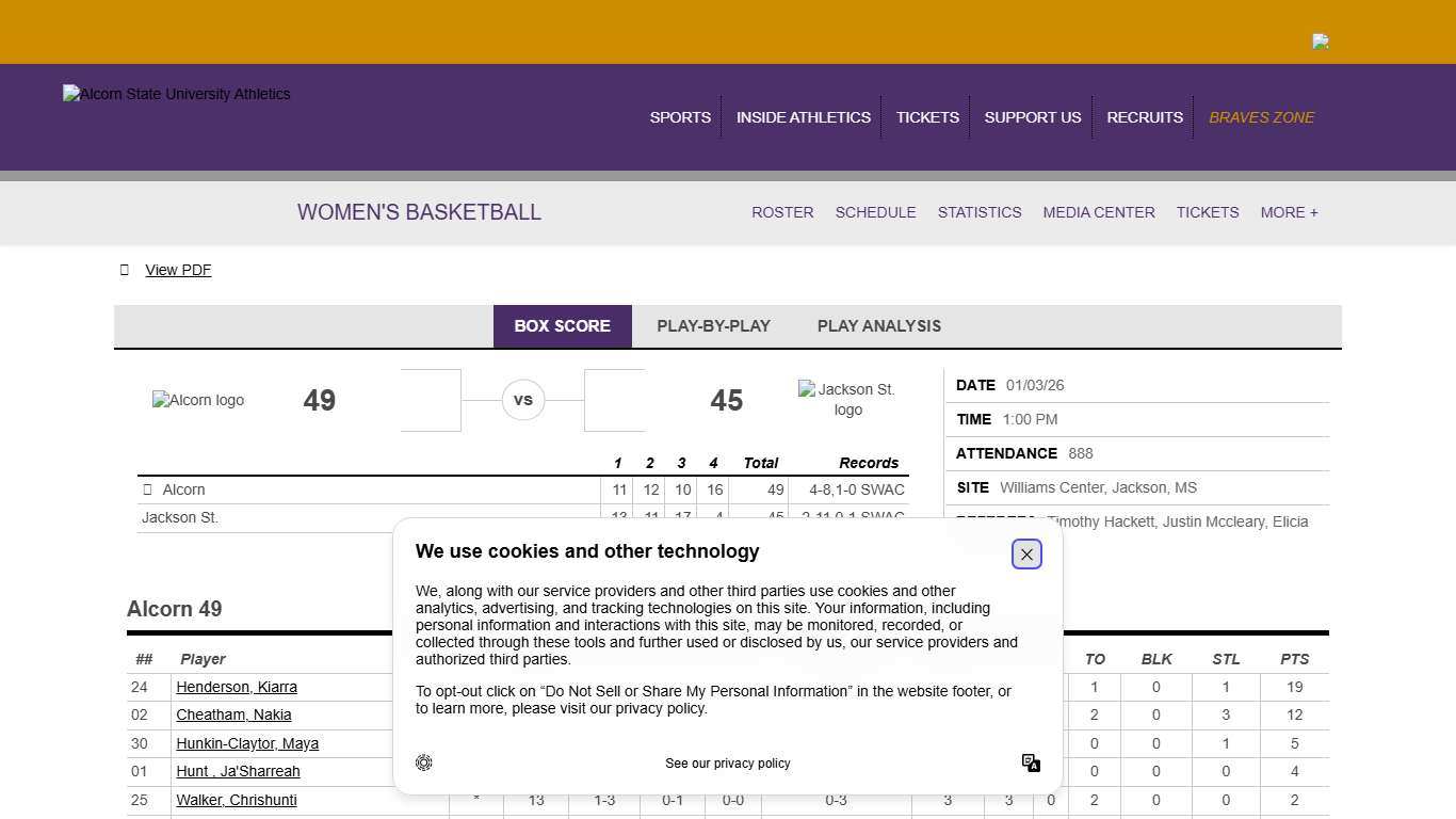 Women's Basketball vs Jackson State University on 1/3/2026 - Box Score - Alcorn State University Athletics
